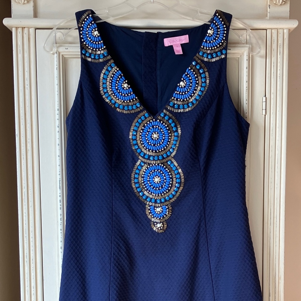 Lilly Pulitzer Navy Gabby Shift Dress Beaded Neckline – Excellent Condition Sz 2
